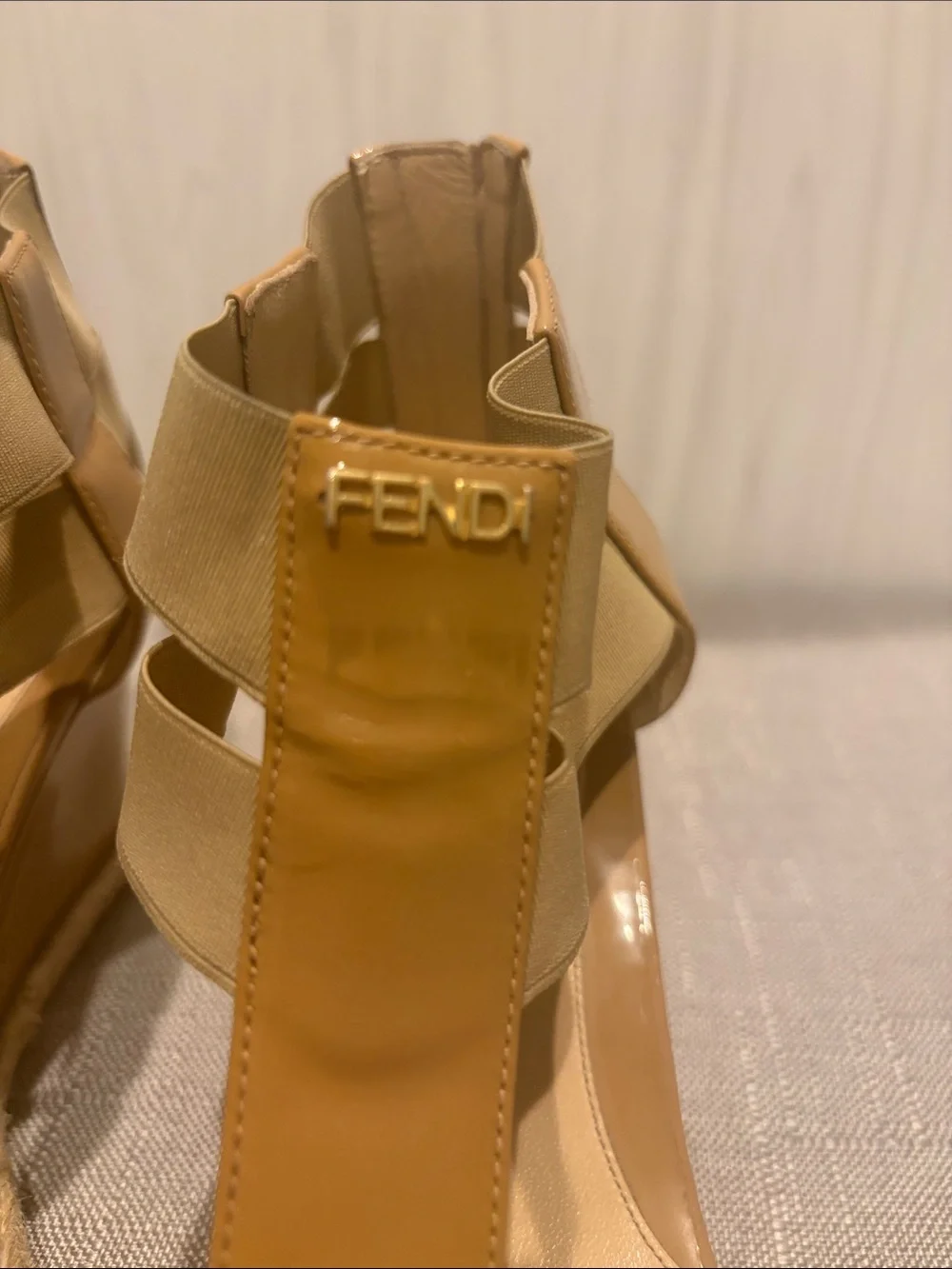 Fendi Beige/Tan Patent Leather Espadrille Wedge Sandals
